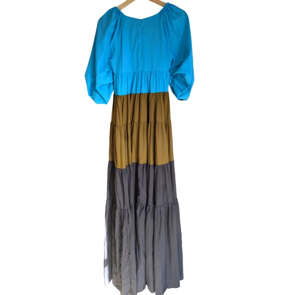 STAUD Meadow Color Block Puff Sleeve Tiered Maxi Dress Blue Black Olive Runway - Picture 2 of 13